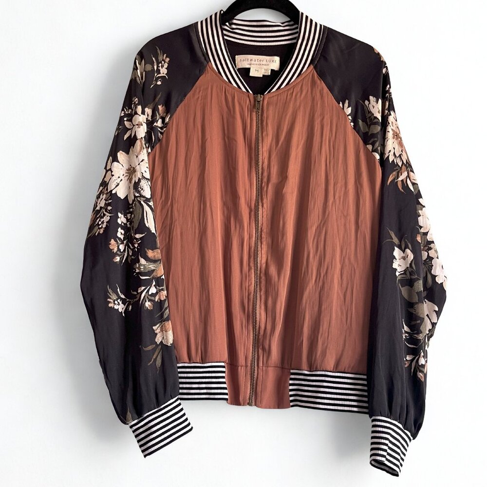 Saltwater Luxe by Anthropologie Floral Bomber Jacket Medium Rust Black Zip Front - Picture 2 of 8